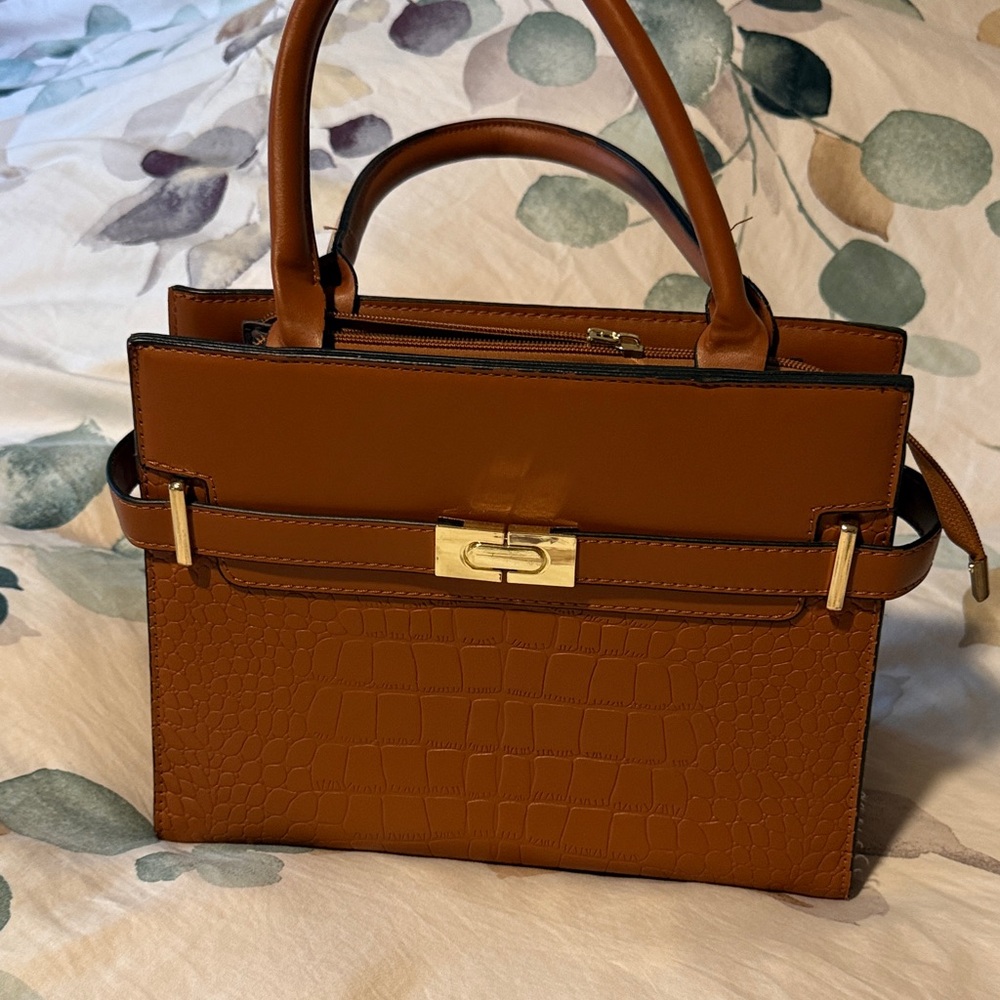 Birkin-alike Brown Crocodile-Embossed Handbag